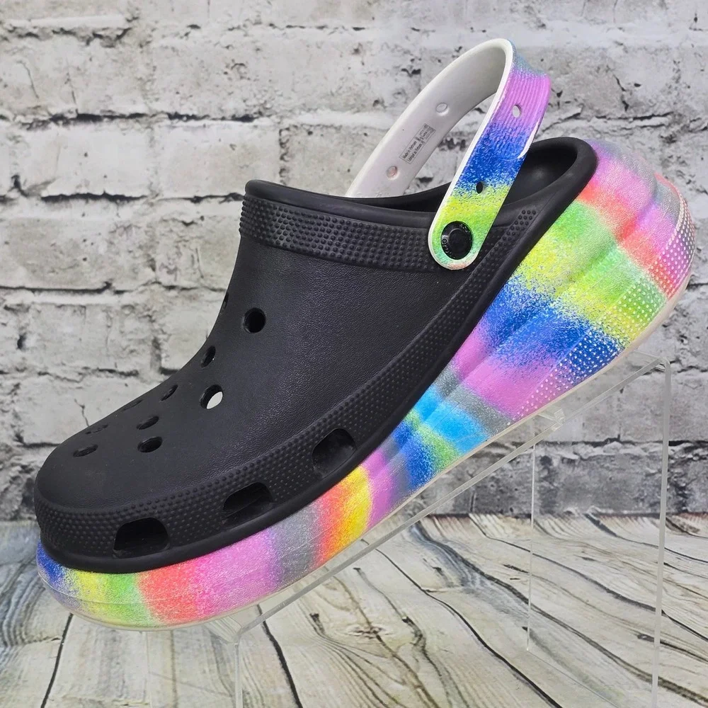 Crocs Classic Crush Clog Mens 11 Black Rainbow Tie Dye Chunky Platform Sandals